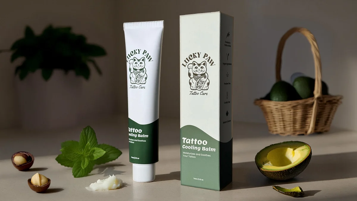 Lucky Paw Tattoo Cooling Balm tube and box with mint, macadamia, shea butter and avocado