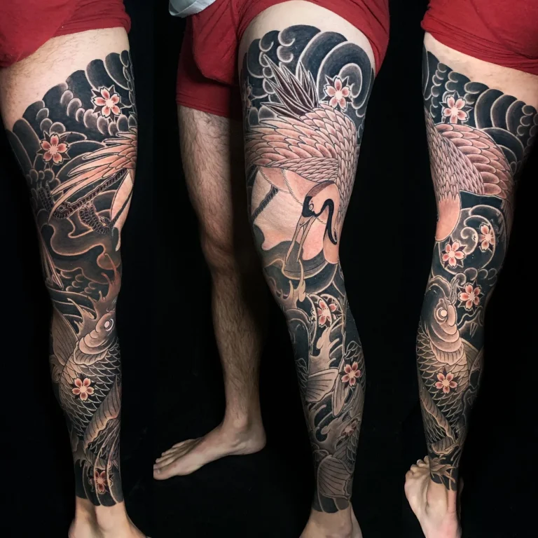 Crane Tancho Koi Fish Cherry Blossom Full Leg Sleeve Japanese Traditional Tattoo Irezumi - Leg Sleeves - Japanese tattoo Vancouver by Horiryu II