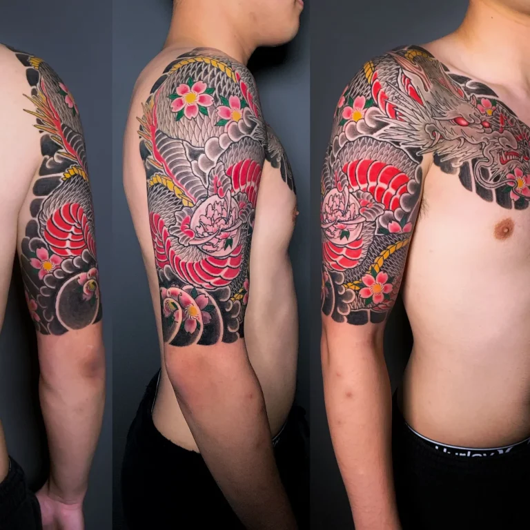 Dragon Ryu Cherry Blossom Sakura Half Sleeve Chest Plate Panel Japanese Traditional Tattoo Irezumi - Sleeves - Japanese tattoo Vancouver by Horiryu II
