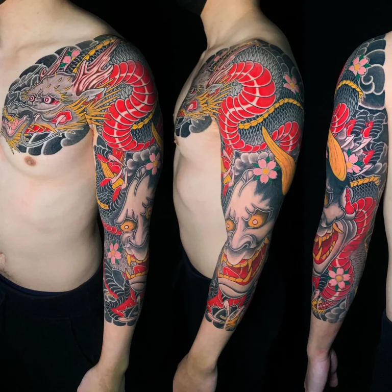 Dragon Ryu Hannya Mask Cherry Blossom Sakura Full Arm Sleeve Chest Plate Panel Japanese Traditional Tattoo Irezumi - Sleeves - Japanese tattoo Vancouver by Horiryu II