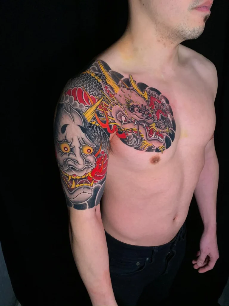Dragon Ryu Hannya Mask Half Arm Sleeve Chest Piece Panel Plate Japanese Traditional Tattoo Irezumi - Sleeves - Japanese tattoo Vancouver by Horiryu II
