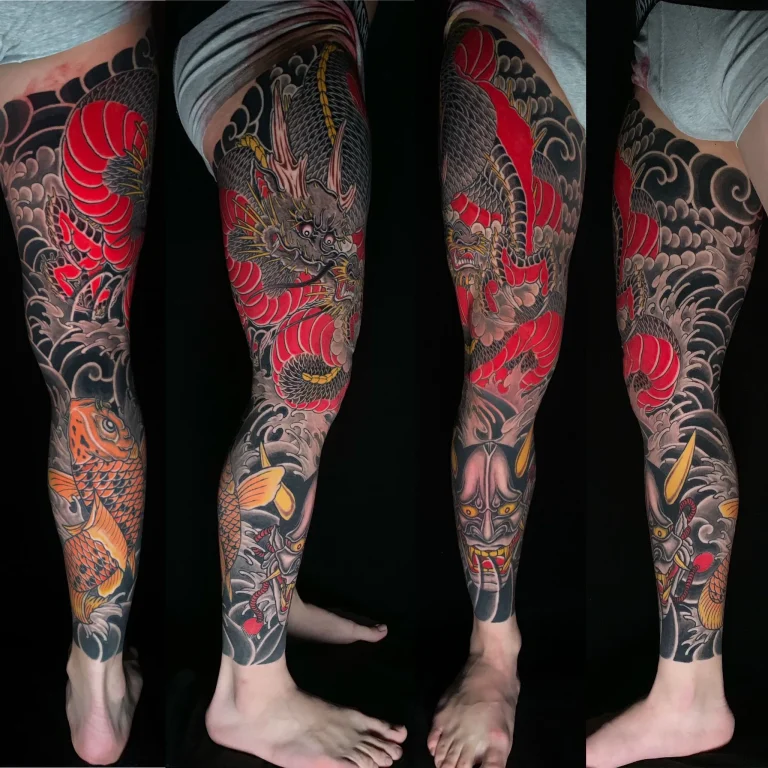 Dragon Ryu Koi Fish Hannya Mask Full Leg Sleeve Japanese Traditional Tattoo Irezumi - Leg Sleeves - Japanese tattoo Vancouver by Horiryu II