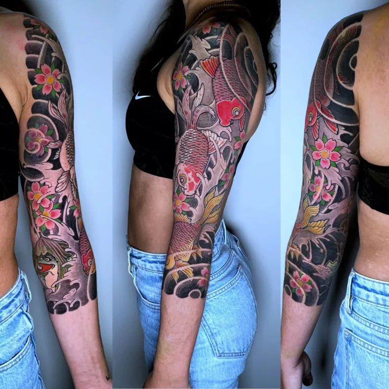 Fancy Goldfish Kingyo Sakura Cherry Blossom Kyosai Frog Full Three Quarter Sleeve Japanese Traditional Tattoo Irezumi - Sleeves - Japanese tattoo Vancouver by Horiryu II