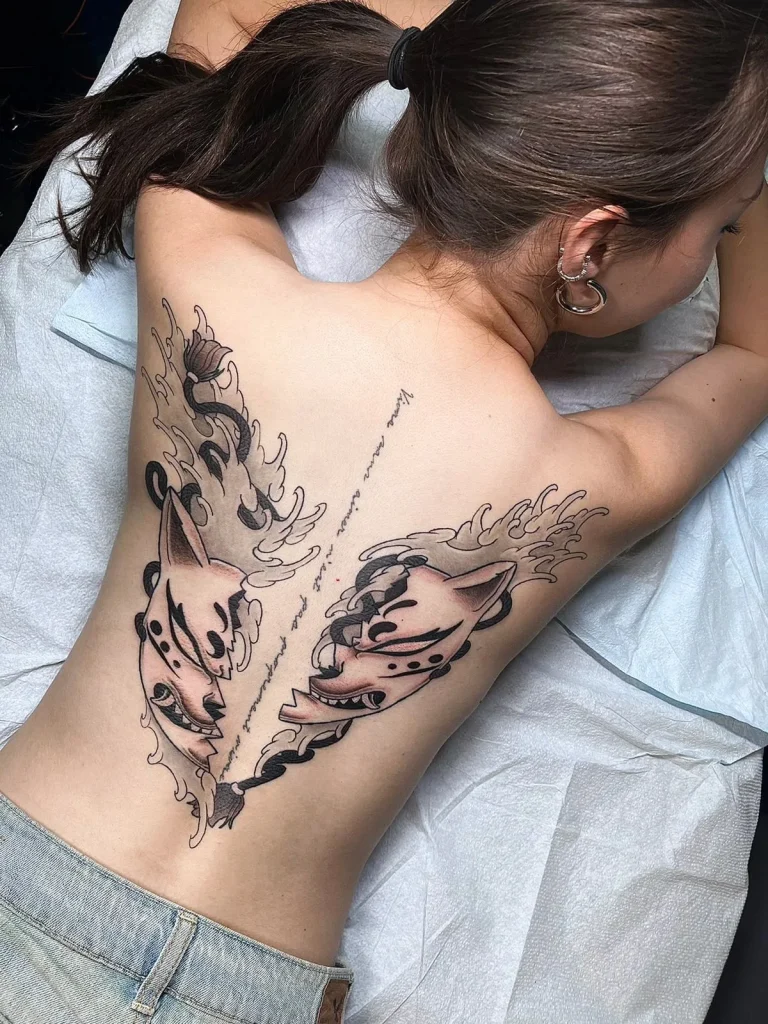 Fox Kitsune Broken Mask Waves Womens Back Piece Japanese Traditional Tattoo Irezumi - Small Pieces - Japanese tattoo Vancouver by Horiryu II