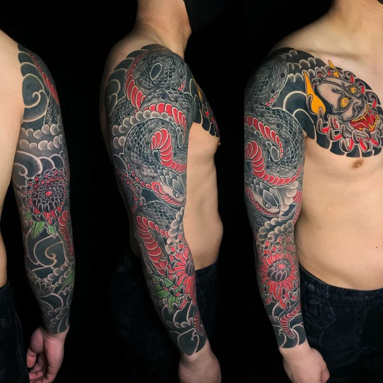 Hannya Mask Hebi Sanek Chrysanthemum Flower Kiku Full Arm Sleeve Japanese Traditional Tattoo Irezumi - Sleeves - Japanese tattoo Vancouver by Horiryu II