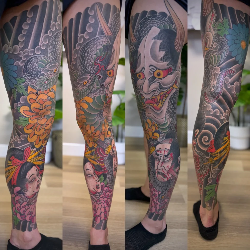 Hannya Mask Namakubi Servered Head Chrysanthemum Leg Sleeve Japanese Traditional Tattoo Irezumi - Leg Sleeves - Japanese tattoo Vancouver by Horiryu II