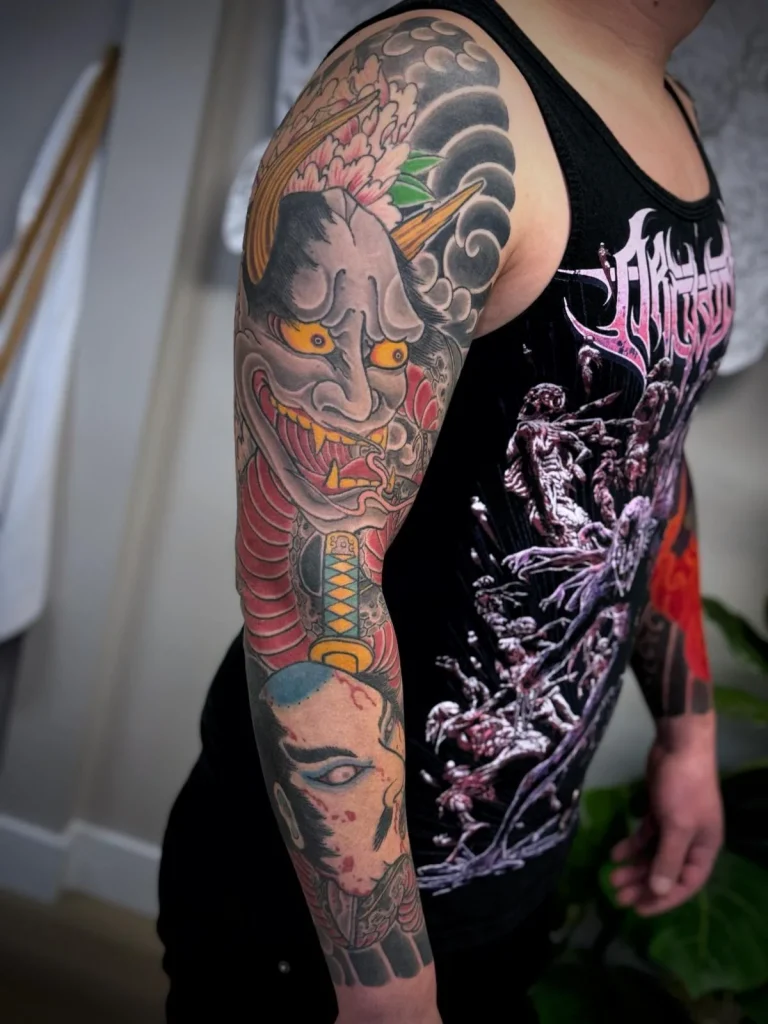 Hannya Mask Namakubi Servered Head Peony Full Arm Sleeve Japanese Traditional Tattoo Irezumi - Sleeves - Japanese tattoo Vancouver by Horiryu II