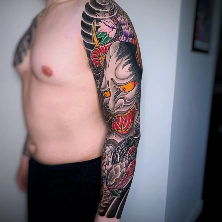 Hannya Mask Snake Hebi Peony Flower Color Full Arm Sleeve Japanese Traditional Tattoo Irezumi - Sleeves - Japanese tattoo Vancouver by Horiryu II