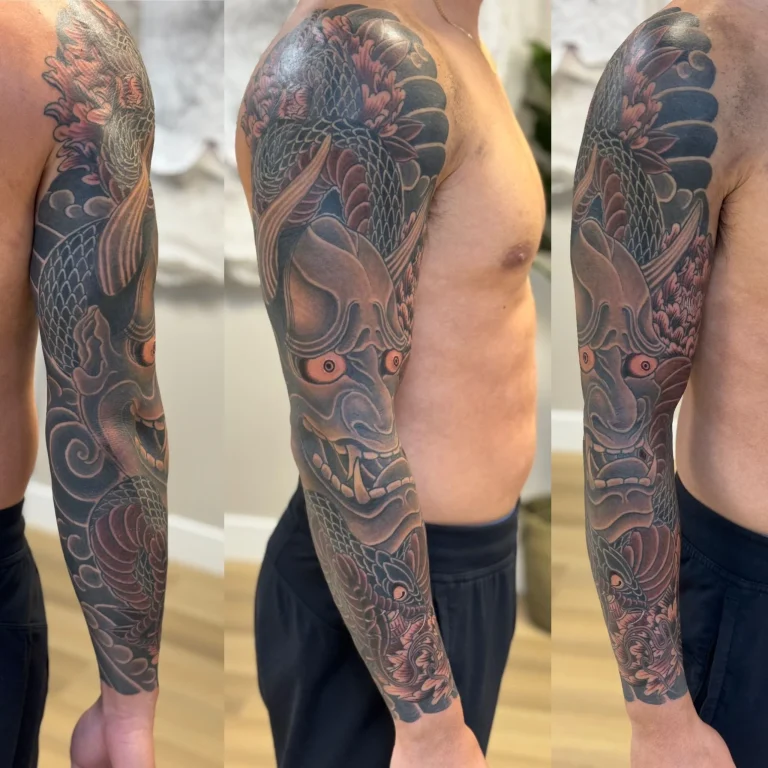 Hannya Mask Snake Hebi Peony Flower Full Arm Sleeve Black And Grey Japanese Traditional Tattoo Irezumi - Sleeves - Japanese tattoo Vancouver by Horiryu II