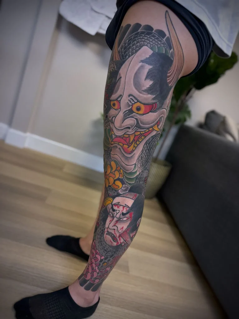 Hannya Namakubi Chrysanthemum Leg Sleeve Japanese Tattoo Irezumi - Leg Sleeves - Japanese tattoo Vancouver by Horiryu II