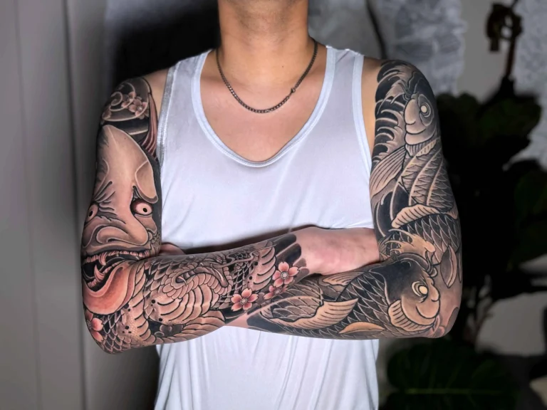 Japanese Double Sleeve Hannya Snake Koi Lotus Black Grey Tattoo - Sleeves - Japanese tattoo Vancouver by Horiryu II