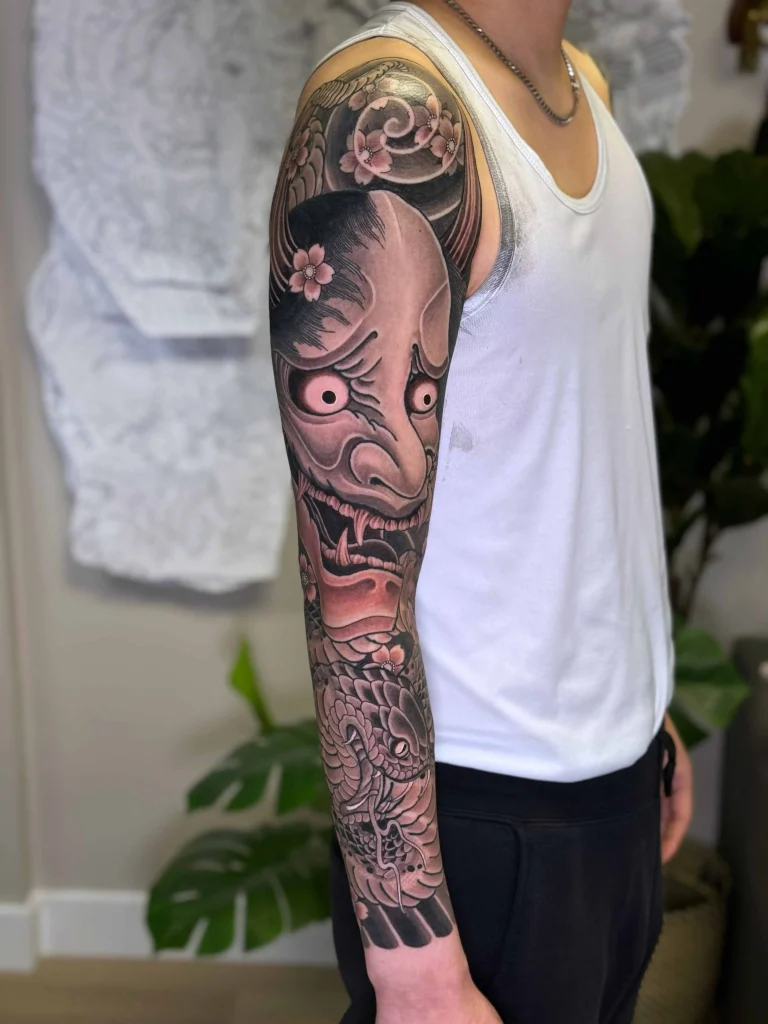 Japanese Hannya Snake Sleeve Cherry Blossoms Black Grey Tattoo - Sleeves - Japanese tattoo Vancouver by Horiryu II