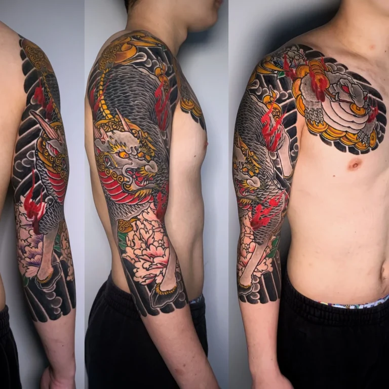 Kirin Money Frog Toad Peony Flower Full Three Quarter Sleeve Japanese Traditional Tattoo Irezumi - Sleeves - Japanese tattoo Vancouver by Horiryu II