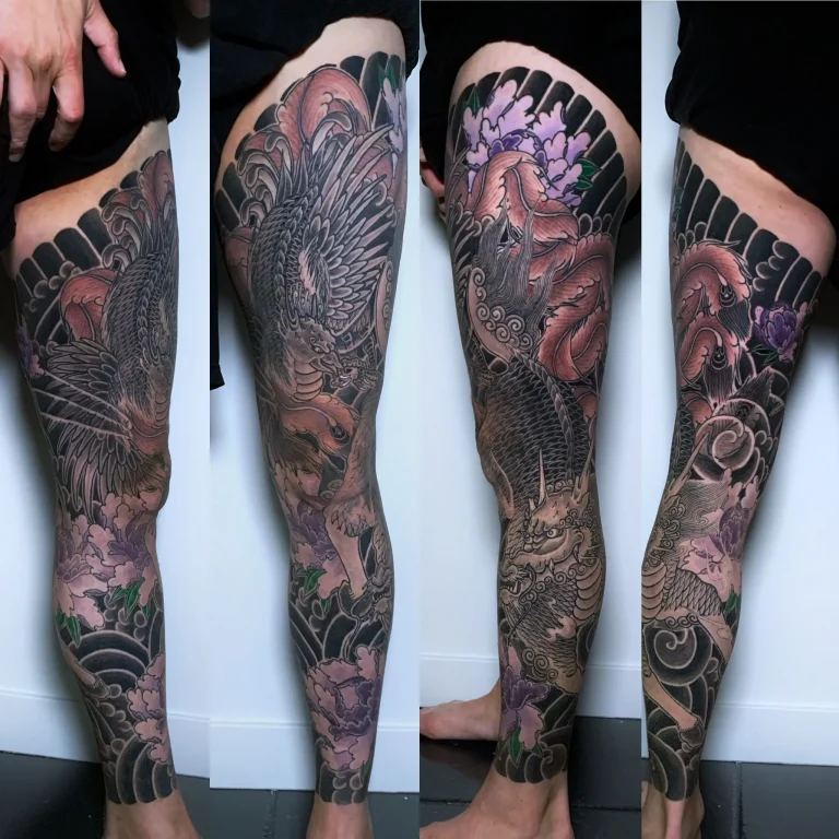 Kirin Phoenix Hoo Peony Botan Flower Full Leg Sleeve Japanese Traditional Tattoo Irezumi - Leg Sleeves - Japanese tattoo Vancouver by Horiryu II