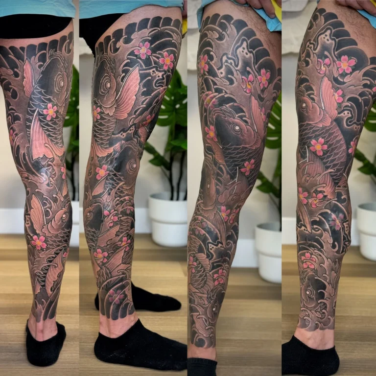 Koi Fish Full Leg Sleeve Cherry Blossom Sakura Japanese Traditional Tattoo Irezumi - Leg Sleeves - Japanese tattoo Vancouver by Horiryu II
