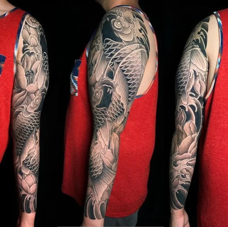 Koi Fish Hasu Lotus Flower Full Arm Sleeve Japanese Traditional Tattoo Irezumi - Sleeves - Japanese tattoo Vancouver by Horiryu II
