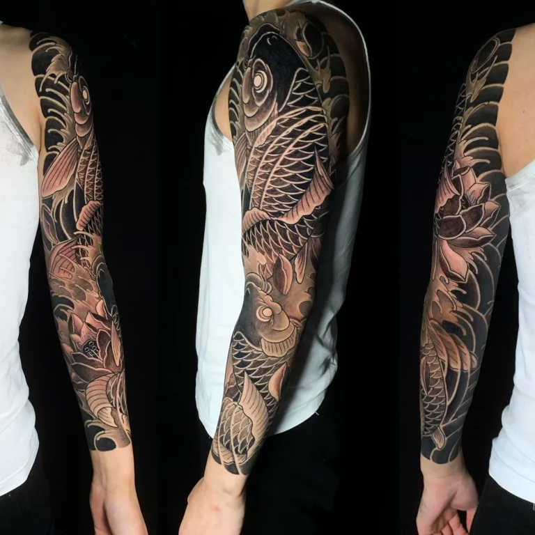 Koi Fish Lotus Black And Grey Full Arm Sleeve Lotus Hasu Japanese Traditional Tattoo Irezumi - Sleeves - Japanese tattoo Vancouver by Horiryu II