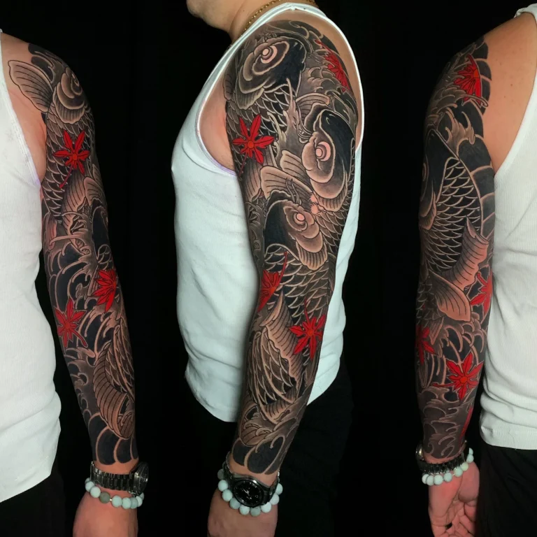 Koi Fish Maple Full Arm Sleeve Black And Grey Japanese Traditional Tattoo Irezumi - Sleeves - Japanese tattoo Vancouver by Horiryu II