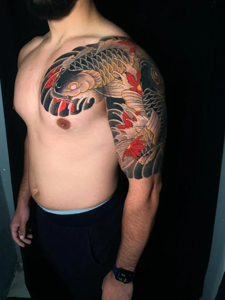 Koi Fish Maple Half Sleeve Chest Plate Panel Japanese Traditional Tattoo Irezumi - Sleeves - Japanese tattoo Vancouver by Horiryu II