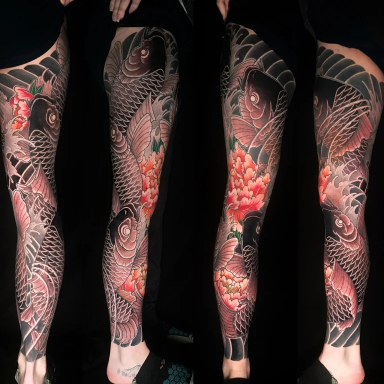 Koi Fish Peony Botan Flower Full Leg Sleeve Japanese Traditional Tattoo Irezumi - Leg Sleeves - Japanese tattoo Vancouver by Horiryu II