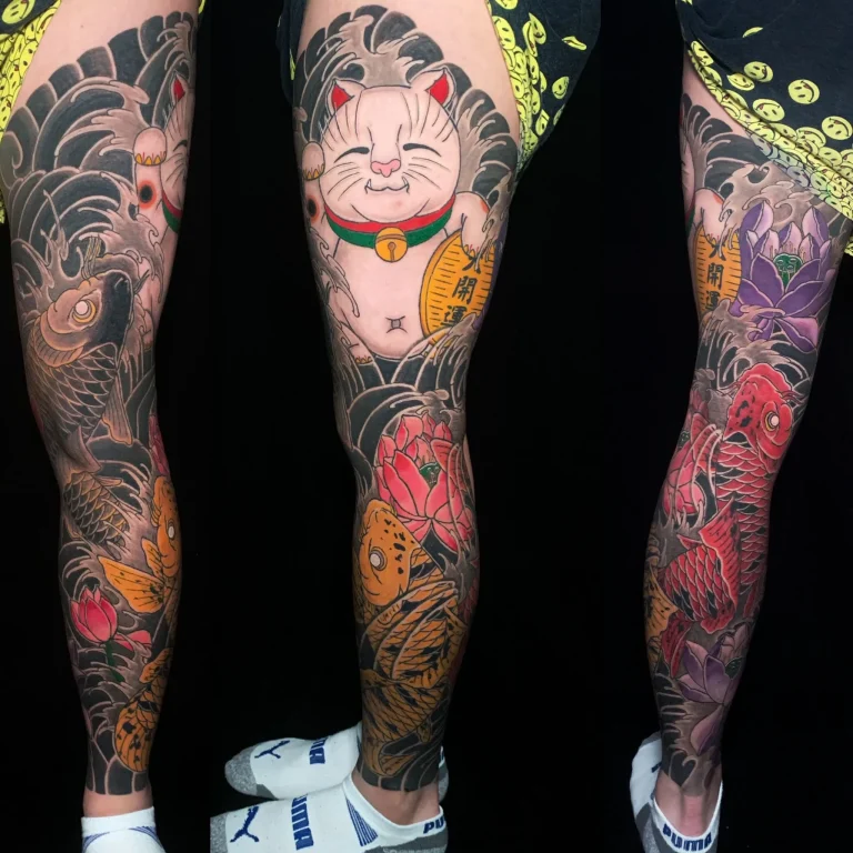 Money Cat Maneki Neko Koi Fish Lotus Full Leg Sleeve Japanese Traditional Tattoo Irezumi - Leg Sleeves - Japanese tattoo Vancouver by Horiryu II