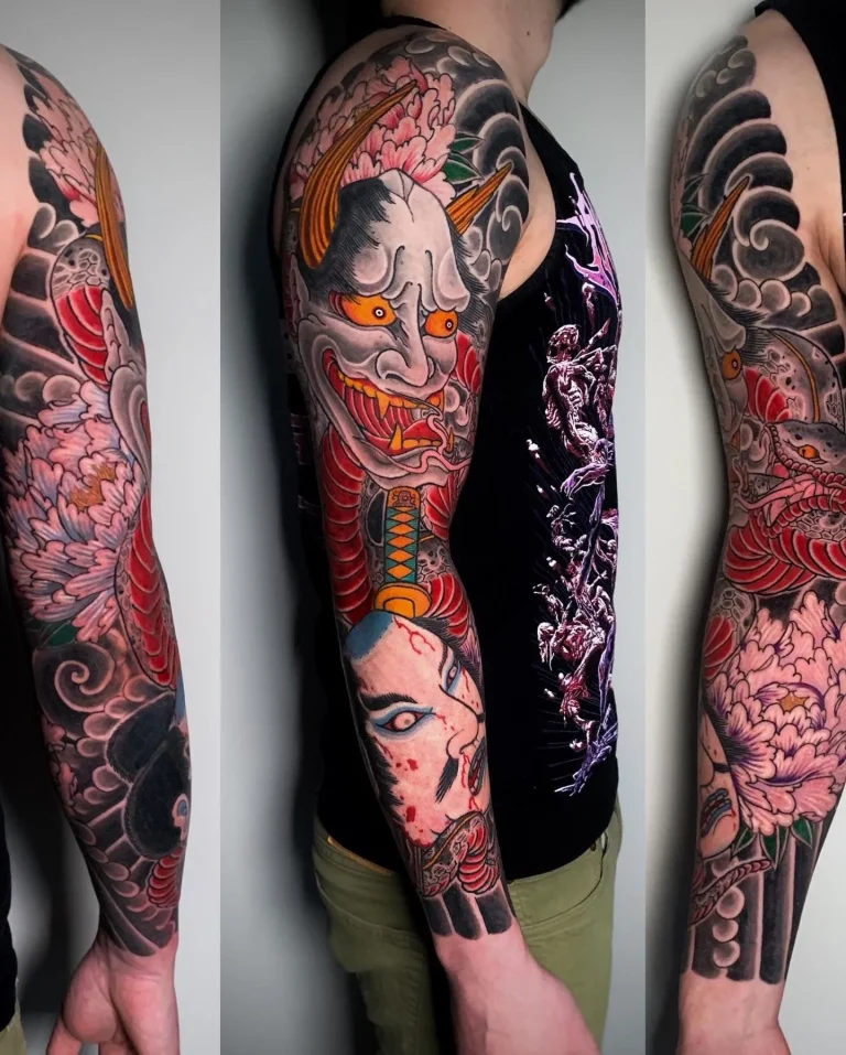 Namakubi Hannya Mask Peony Botan Full Arm Sleeve Japanese Traditional Tattoo Irezumi - Sleeves - Japanese tattoo Vancouver by Horiryu II