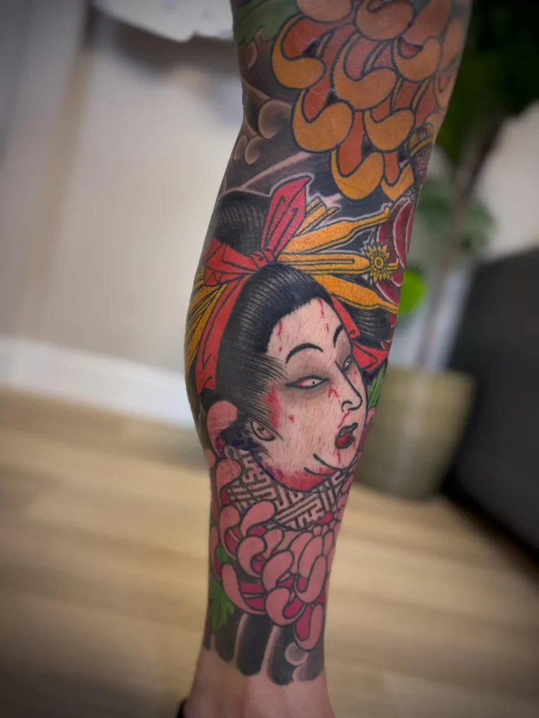 Namakubi Leg Sleeve Chrysanthemum Japanese Traditional Tattoo Irezumi - Leg Sleeves - Japanese tattoo Vancouver by Horiryu II