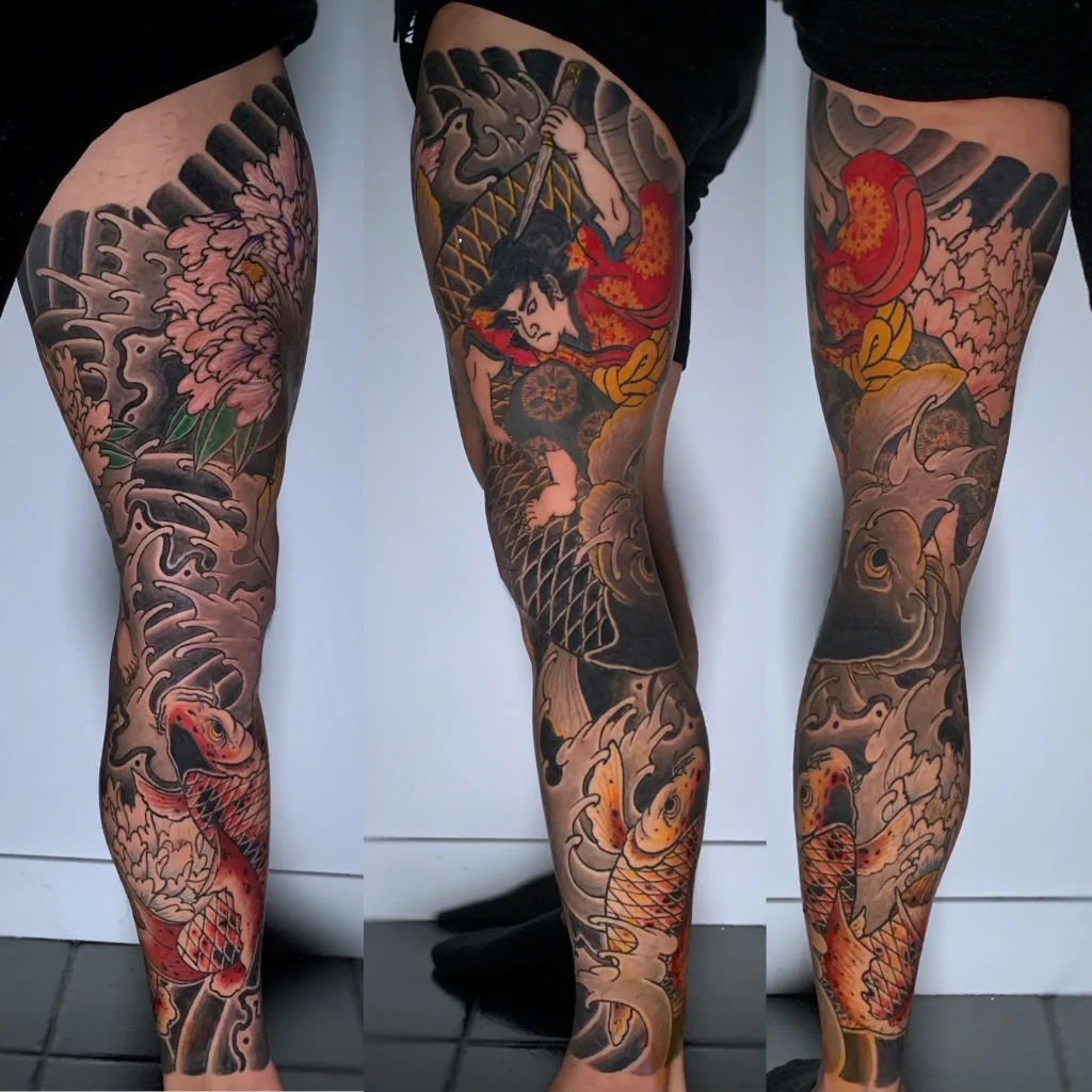 Oniwakamaru Suikoden Ukiyoe Warrior Koi Fish Peony Flower Full Leg Sleeve Japanese Traditional Tattoo Irezumi - Leg Sleeves - Japanese tattoo Vancouver by Horiryu II