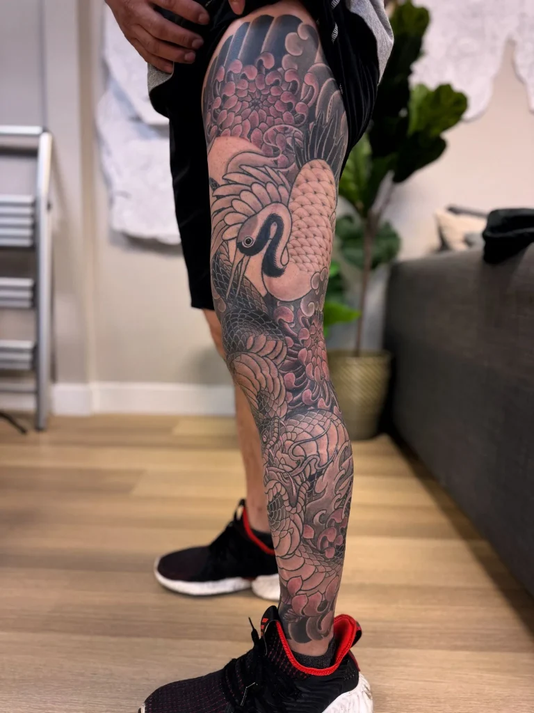 Snake Crane Chrysanthemum Leg Sleeve Japanese Tattoo Irezumi - Leg Sleeves - Japanese tattoo Vancouver by Horiryu II