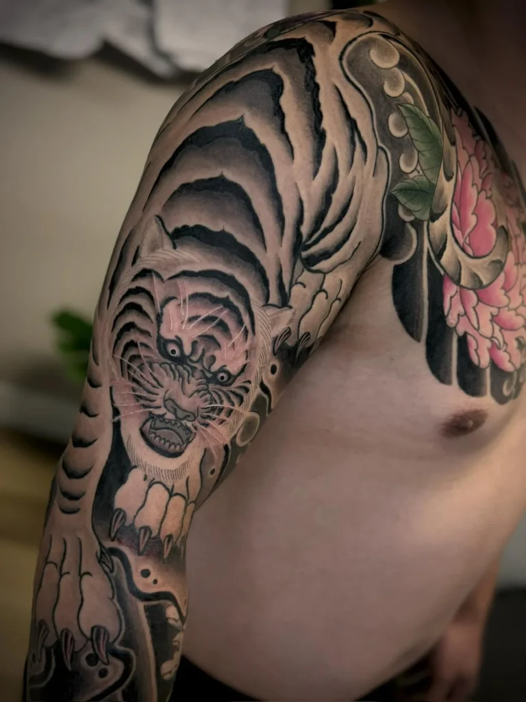 Tiger Tora Peony Flower Three Quarter Full Arm Sleeve Japanese Traditional Tattoo Irezumi - Sleeves - Japanese tattoo Vancouver by Horiryu II
