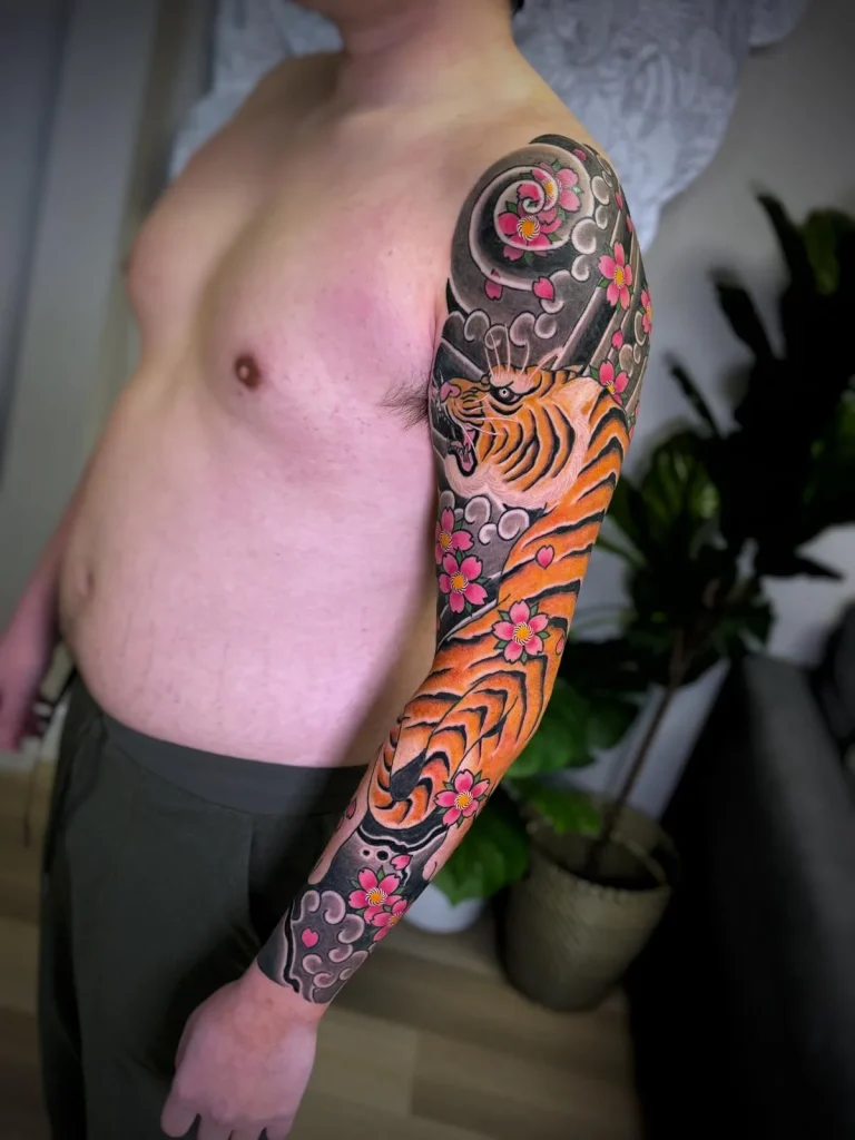 Tiger Tora Sakura Cherry Blossom Full Arm Sleeve Japanese Traditional Tattoo Irezumi - Sleeves - Japanese tattoo Vancouver by Horiryu II